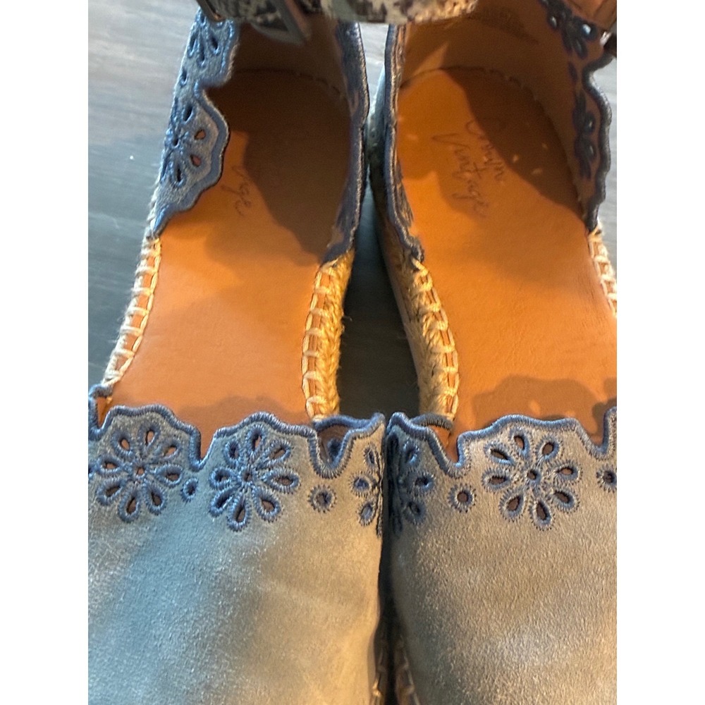 Crown Vintage Blue Suede Floral Embroidered Espadrille Ankle Strap Flats 8.5 - Picture 6 of 11